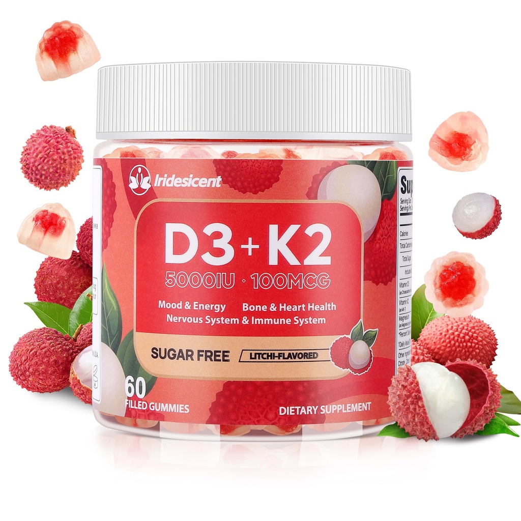 维生素D3 K2 Gummys w/无糖蛋白 - 60 Counter QQ D3 维生素5000 IU + K2(MK-7) 100 mcg - Vegan K2 D3 维生素补充,高吸附支持骨,肌肉,Mood & Immune (Lychee Flavor)