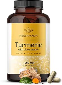 HERBAMAMA Curcumin Turmeric Capsules - 1500mg Curcuma Longa和黑椒提取Uric酸和消化支持 - Vegan,非GMO Turmeric抗氧化剂补充,250 Caps