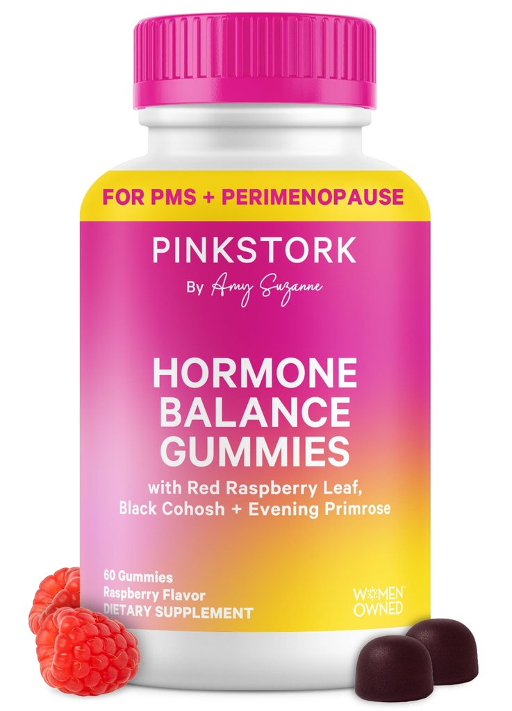Pink Stork Hormone Calance Gummys for Women – PMS, Menopause & 雌激素支持 – Mood, Bloating, Hot Flashes & Energy – Red Raspberry Leaf, Black Cohosh, Primrose – 60 Vegan Gummys 红莓树叶,黑莓树叶,Primrose – 60 Vegan Gummys