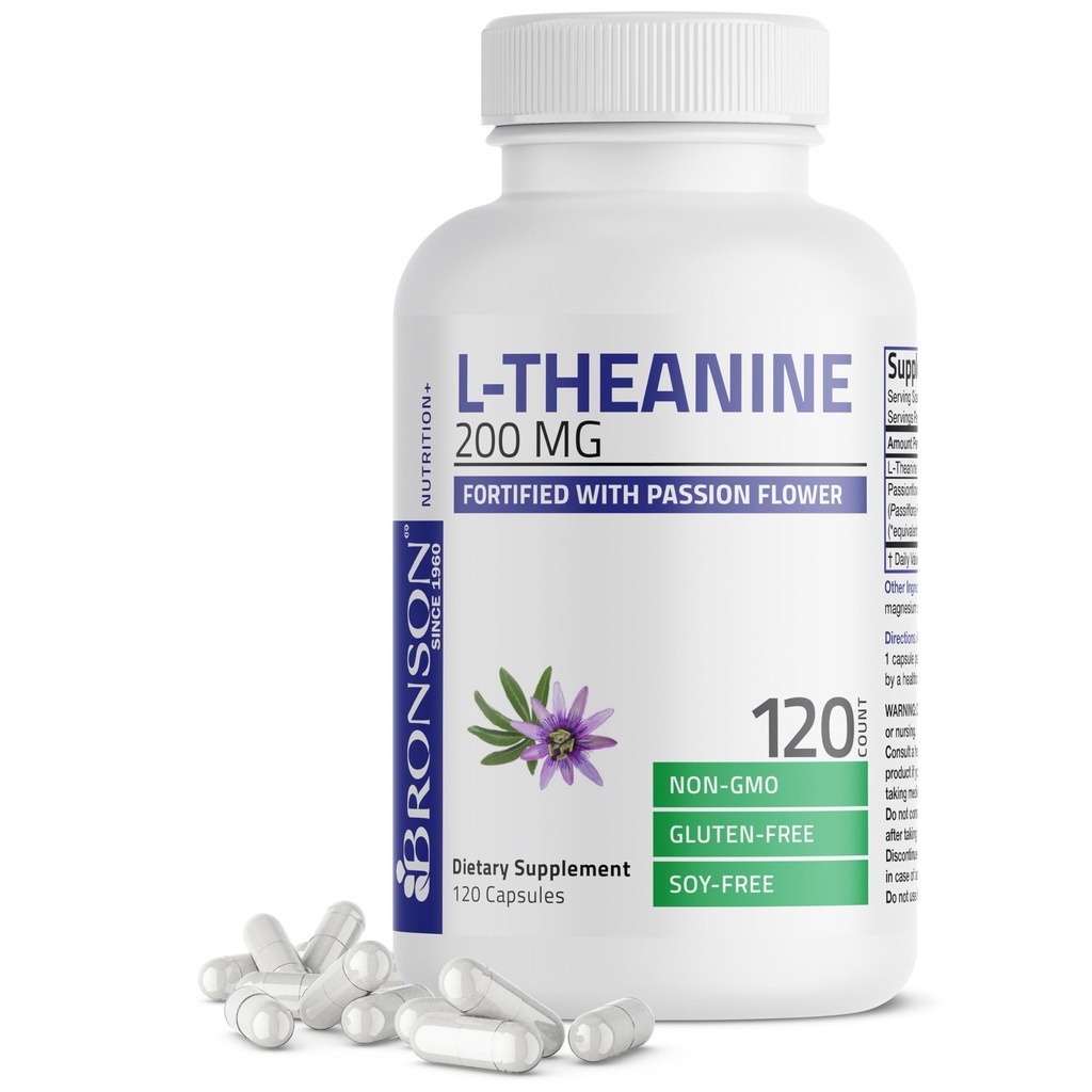 Bronson L-Theanine 200mg(双层),配有Passion Flower Sheb,N-GMO Gluten-Free Soy-Free压力管理补编,120卡普尔