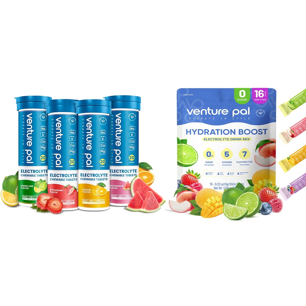 Venture Pal 糖无电解质 Powder Packets & Chewable Fast-Melt 电解质板, 跑步自行车运动的电解质