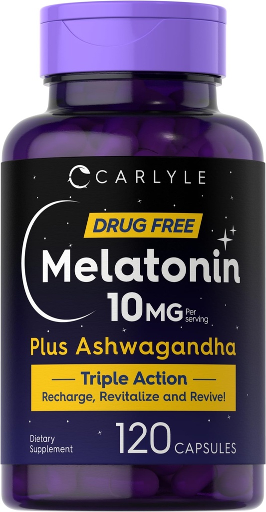 Carlyle Melatonin 10 mg 120 Capsules 与 Ashwagandha 的三重力量公式 + Non-GMO, Gluten 免费补充