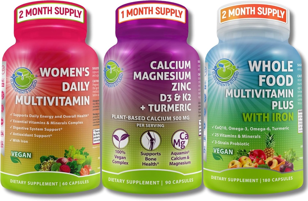 Vegan Multivitamins & Calcium Trio – 含铁的Whole食品 多维他明 + 女性日报 含铁的多维他明 + 以工厂为基础的钙,镁,锌,D3,K2 & Turmeric – 能源,骨和免疫支持