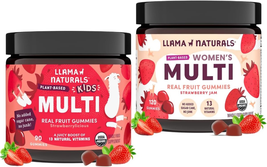 Llama Naturals Real Fruit Multivitamin Gummys 儿童与女性全食维生素 – 没有添加的甘蔗糖 – Organic, Vegan, Chewable → 90 cm 120 cm → 草莓
