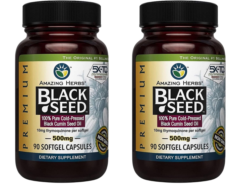惊人的草药 黑种子油盖 - Gluten Free, non GMO, Cold pressed Nigella Sativa Aids in Digestive Health, Immune Support, Brain 函数 - 90 Counter, 500 mg (Pack of 2) (原始内容存档于2019年).