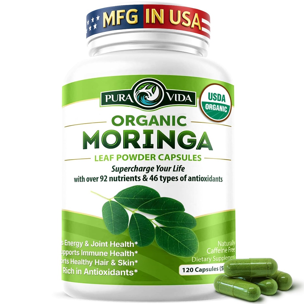PURA VIDA MORINGA CAPSules 单源莫林加粉状有机体. Pure Moringa Leaf. Energy, Metabolism, & Immune Support. 120ct. 500mg Caps.