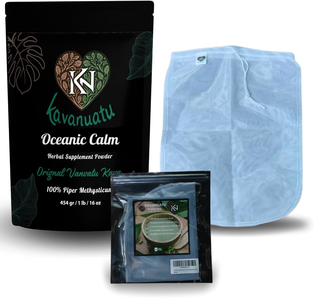 Kava 粉末和 S 教练箱 瓦努阿图 Kava 根粉( 16oz) 冷却和放松 与 100 微量精密网状S 教练袋 平滑的 Kava 准备