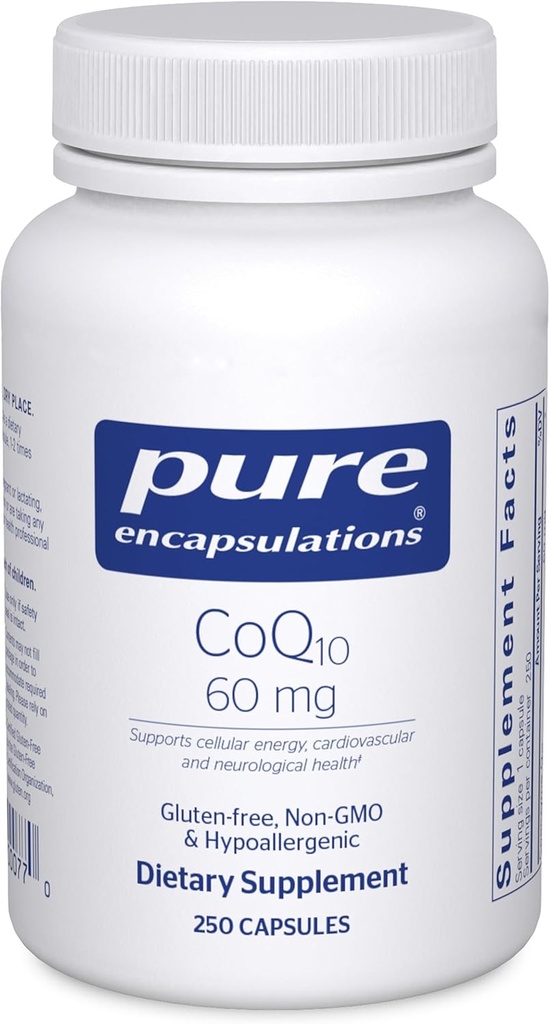 纯封装 CoQ10 60 mg → Coenzyme Q10 能源、抗氧化剂、脑和细胞健康、认知和心血管支持的补充* 250 capsules