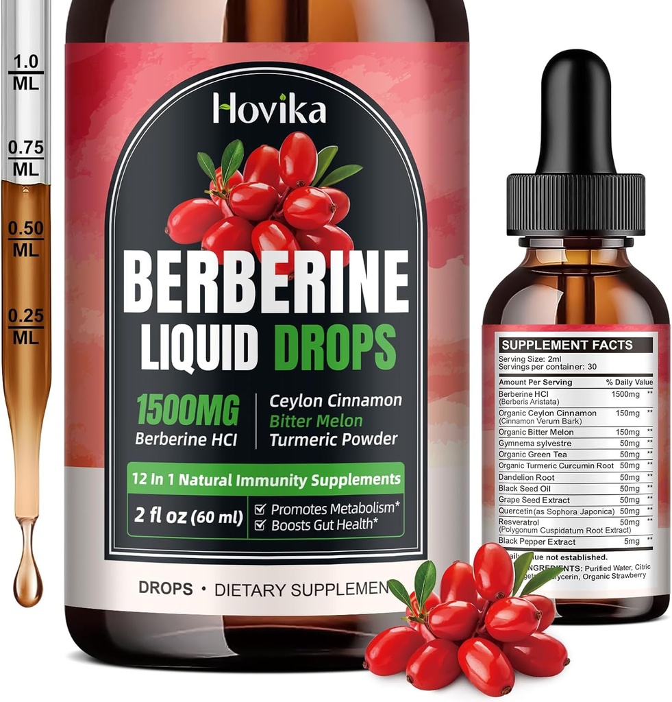 Berberine HCL液滴 - 1500 mg 高吸附性Berberine液滴 - Berberine Vegie Imune,文摘系统和心脏健康支持,草莓 Flavor - 2 FL Oz