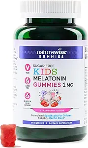 NatureWise Kids Melatonin 1 mg 无糖胶 儿童4岁和4岁以上 - 非哈比人形成睡眠援助 - 草莓火焰 - Vegan, No Gluten, Non-GMO - 90 Counter [3-Month Supplement]