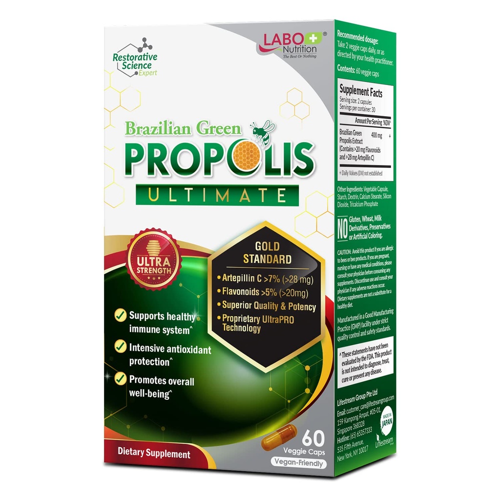 LABO 营养 巴西绿色 Propolis Ultimate - 含 > 7% 或 28 mg / service Artepillin C & > 5% Flavoids,用于Imune 和 Brain 支持, 天然,高集中和Premium, 60 Veg Capsules