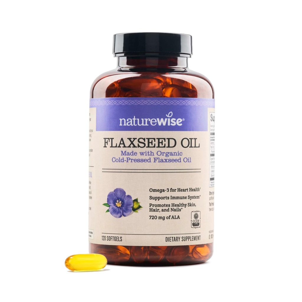 NatureWise Flaxseed Oil 1200 mg, Fish Free Omega 3 6 9 with 720mg ALA, 心脏健康支持的饮食补充-有机,冷压,非GMO - 120 Softgels [4-Month Supply].