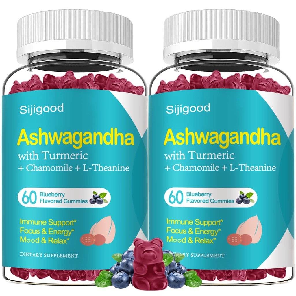 2 Pack Ashwagandha Gummys, 支持豁免、放松、冷静Mood & Zzz, Ashwagandha 男女补充, 天然蓝莓火焰, 120 Counter