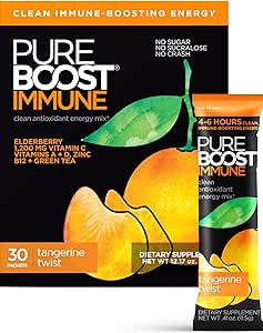 Pureboost Immune Clean Energy Booster, Refreshing Energy Drink Mix and Immunity Supplement with Elderberry, 1,200 mg Vitamin C, Vitamins A + D, and Zinc. (Tangerine Twist, 30 Count)