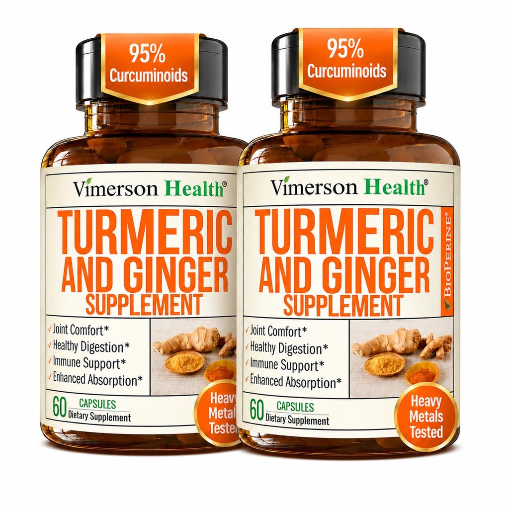 Turmeric Curcumin 配有姜根,用于联合支持,消化和胶体健康 -- -- 含有有机Turmeric Curcumin 配有黑色胡椒(Bioperine),用于强化吸收 -- 60 Capsules, 2 Pack