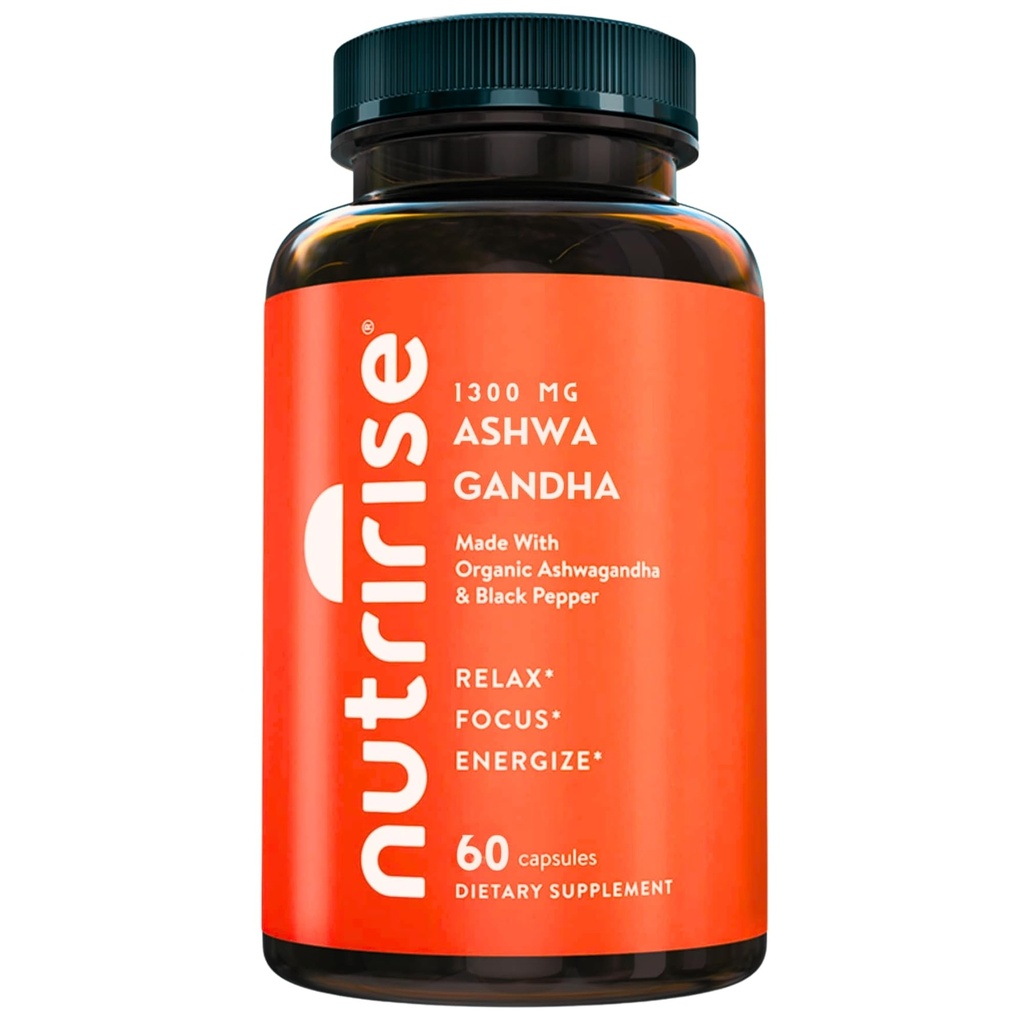 NutriRise 有机 Ashwagandha 根盖带黑胡椒,1300mg, 自然应激和Mood, 甲状腺与免疫支持补充, Clarity, Focus & Energy, Gluten Free, 60 Counter