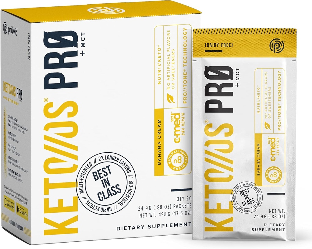Pruvit Keto/OS Pro Banana Cream + MCT Ketones - Keto/OS Pro 能源促进、更好的消化和帮助应对老龄化进程的补编 - 20包