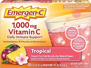 Emergen-C 1000mg 维生素C 粉末,配有抗氧化剂,B 维生素和电解质,维生素C 支持免疫补充剂,咖啡因 自由菲兹 饮料混合剂,热带火焰 - 30 个1月 供应量