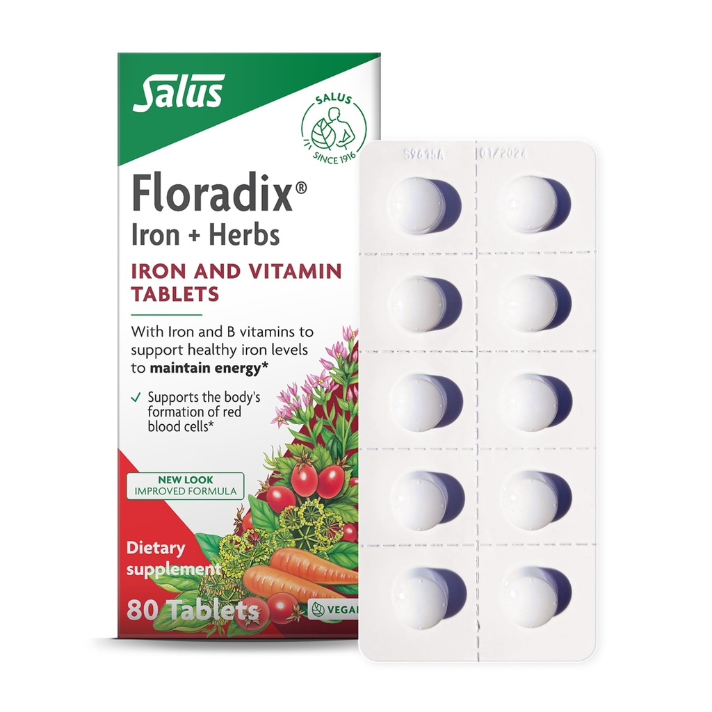 Floradix 铁片 - 铁辅以 B 维生素, 叶酸, 维生素 C & More - 能量支持 - 蔬菜和无胶片 - 80 片 (80种服务)