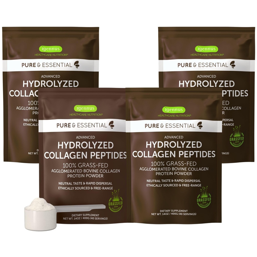 Igennus Free Range Grass Fed Hydrlyzed Bovine Collagen Peptides, 中性味, 100% 最高等级 Bovine Collagen 蛋白粉, 第1, 2和3类, 清洁标签, 非GMO, 自由距离, 4 x 40 服务