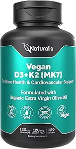 Naturalis Vegan Vitamin D3 + K2 配有额外处女橄榄油 → 5000iu Vitamin D 配有120mcg MK7 Vitamin K → 更好支持骨骼和免疫健康 → Vegan 协会认证 180 Softgels