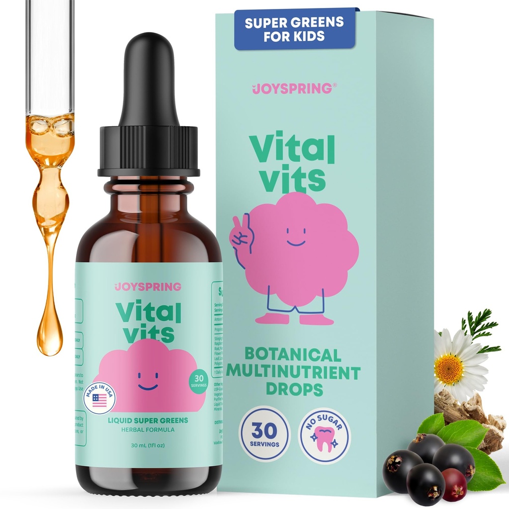 JoySpring Virtual Vits - Kids Liquid Multivitamin - 1 fl z (30 services) - 给孩子的草药液体维生素 - 天然火花 - 托德勒 多维塔明与长莓,螺旋兰和更多