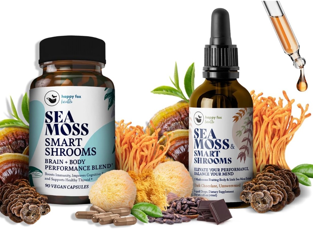脑超食品套装 - 有机海 Moss & Smart Shrooms, Capsules and Liquid Drops Bundle, 有机爱尔兰 Seamoss and 7 Adapitive Supplements for Memory and Focus. 巧克力火焰中的液体滴入
