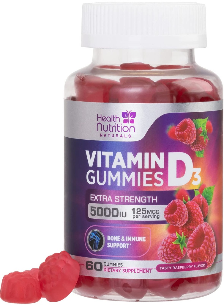 维生素D3 Gummys 5000 IU(125 mcg) - 三重强骨与免疫支持,维生素D Gummy 膳食补充,自然莓 D 维生素补充,Raspberry Flavored, Non-GMO - 60 Gummys