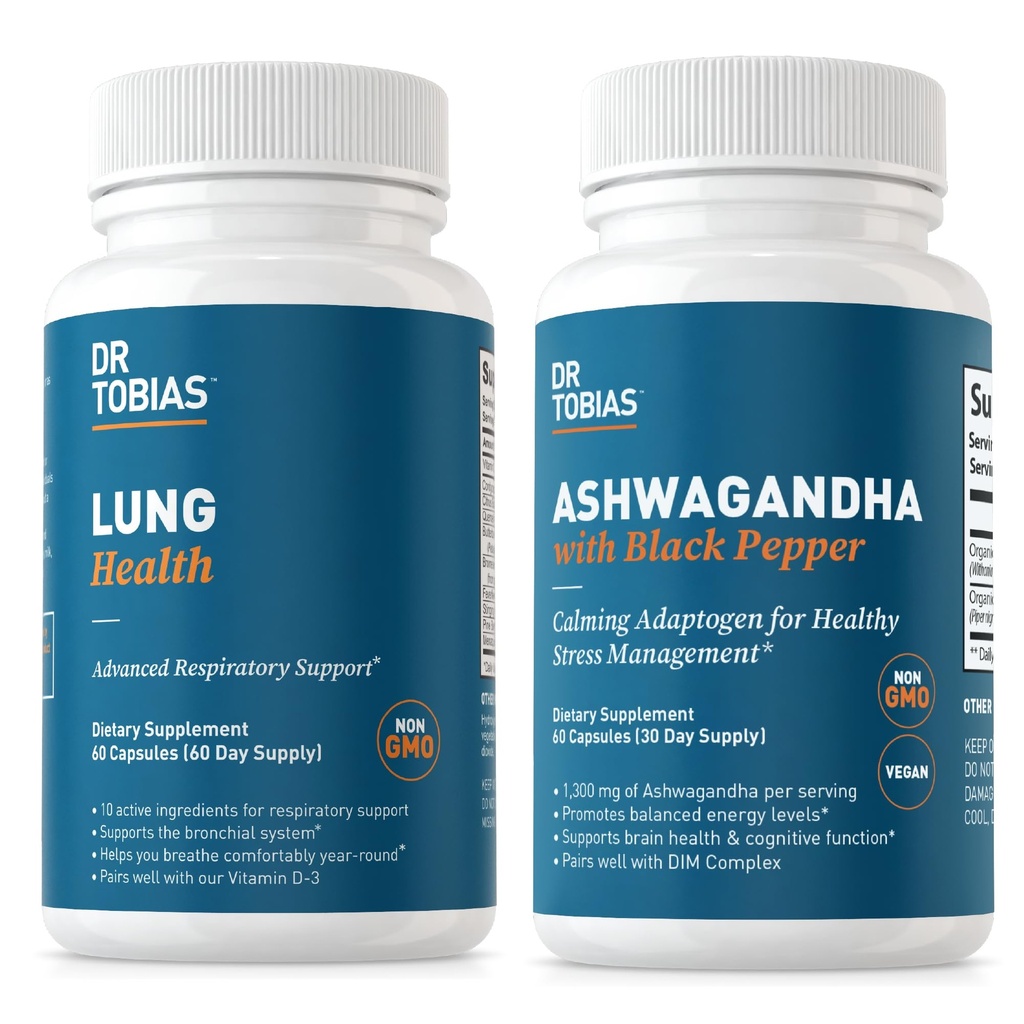Dr. Tobias Lung Health and Ashwagandha Capsules - Lung Cleanse & Detox for Bronchial & Respiratory System with Calming Adaptogen Formula, Non-GMO