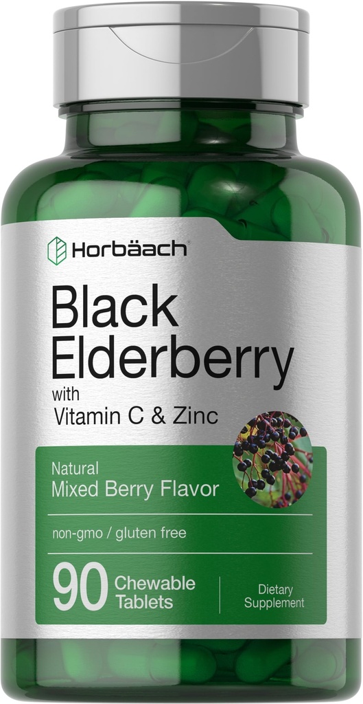 配有维生素C和锌的Horbaach Black Elderberry 90块可切片 混合Berry Flavor + 混合Imune 支持综合体 蔬菜、非GMO和Gluten 免费补充品