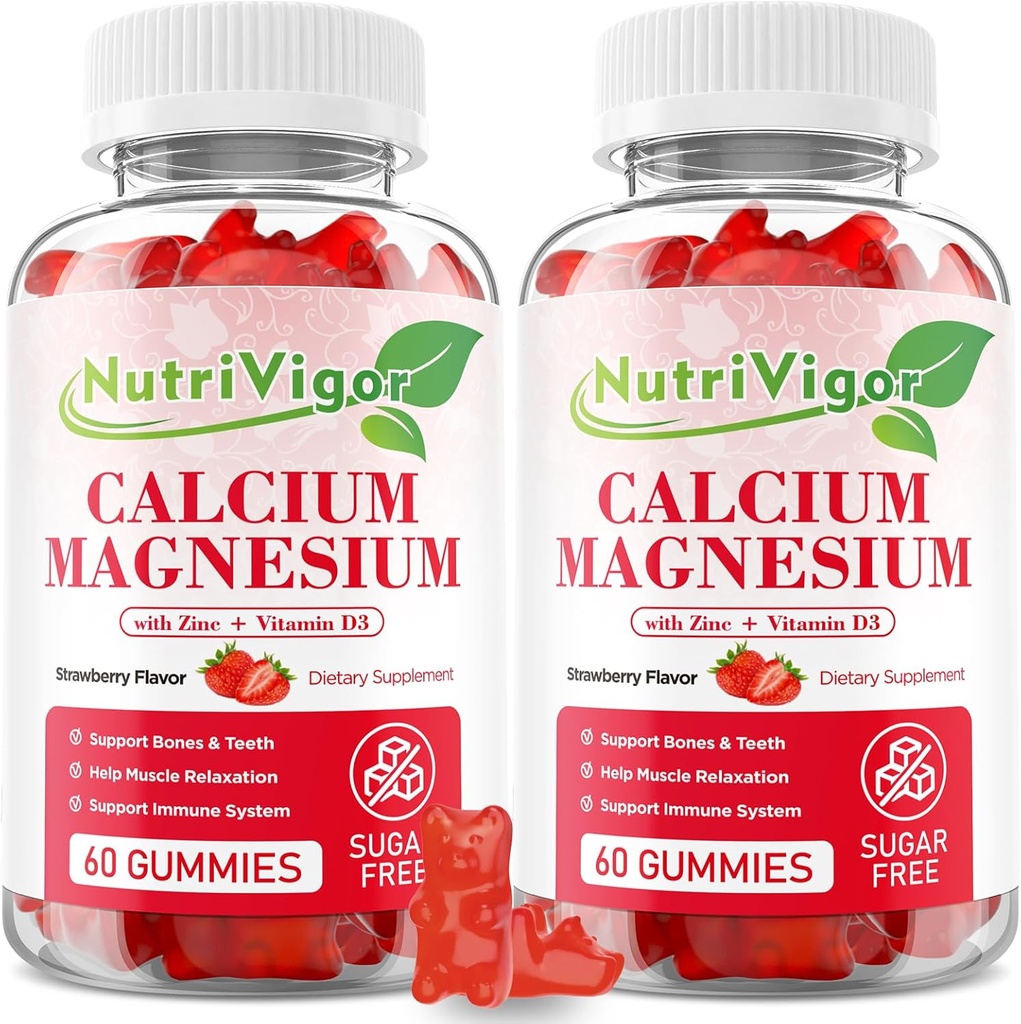 Calcium Magnesium Zinc Gummies with High Absorption Magnesium 300mg, Calcium Supplement with D3 for Bone, Muscles & Immune Support for Kids & Adults, Strawberry Flavor, 120 Count
