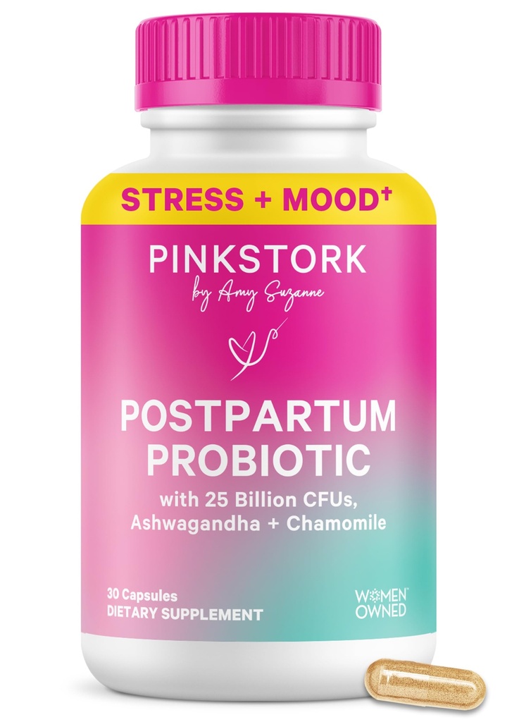 Pink Stork Probiotics for Postnatal Women - 30 Billion CFUS with Ashwagandha and Chamomile, Postpartum Essentials for Hormone Balance, Mood Support, Gut Health, Digestive Wellness, 30 Capsules