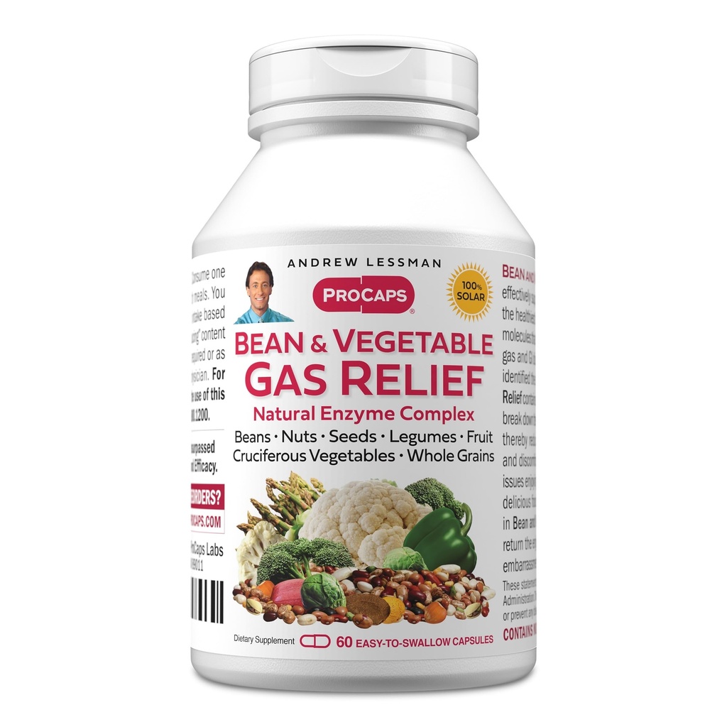 AndreW Lessman Bean and Vegical Gas Relief 60 Capsules - 天然酶复合体 减少气体,从豆类,锥形蔬菜,水果,谷物和其他食品中聚集. 温柔而有效