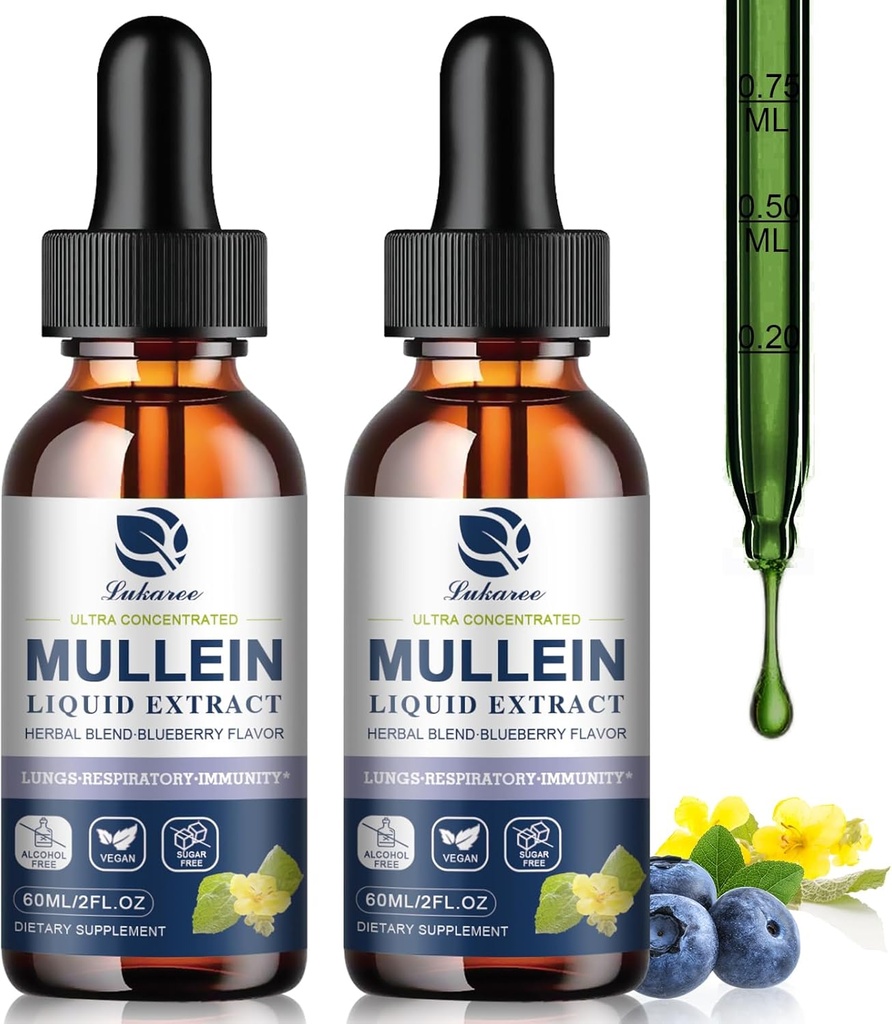 Mullein Dropps for Lungs, Lung Detox & Cleanse, Vegan Mullein 叶片抽取丁酸与氯酚草莓等, Natural Herbal 补充呼吸器, Immune, 60 services