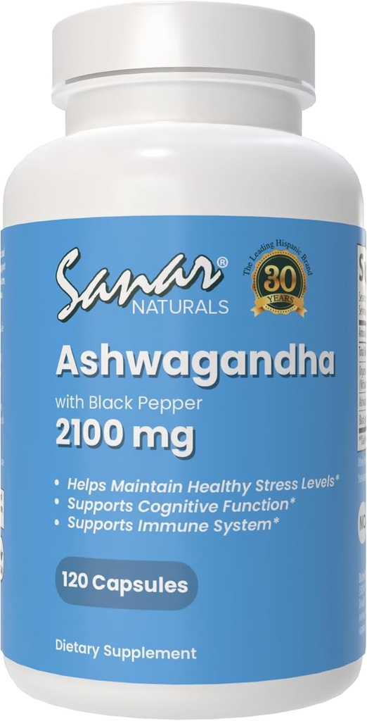 Sanar Naturals Ashwagandha 2,100 mg - 压力和Mood支助补编 - 促进聚焦和可持续能源、Ashwaghanda粉末和根抽取与黑辣椒混合剂 - 非GMO,120卡普尔