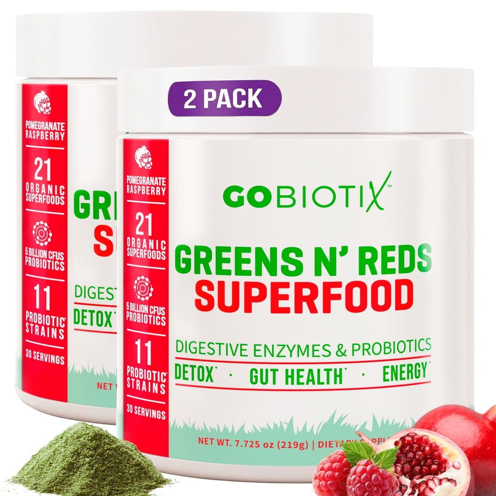 GOBIOTIX 超级绿与红粉 - 红与绿色超级食品 - Probiotic 补充品 - 消化酶和甜菜根粉 - 有机全食 补充品 (Pom Raspberry, 2 Pack)