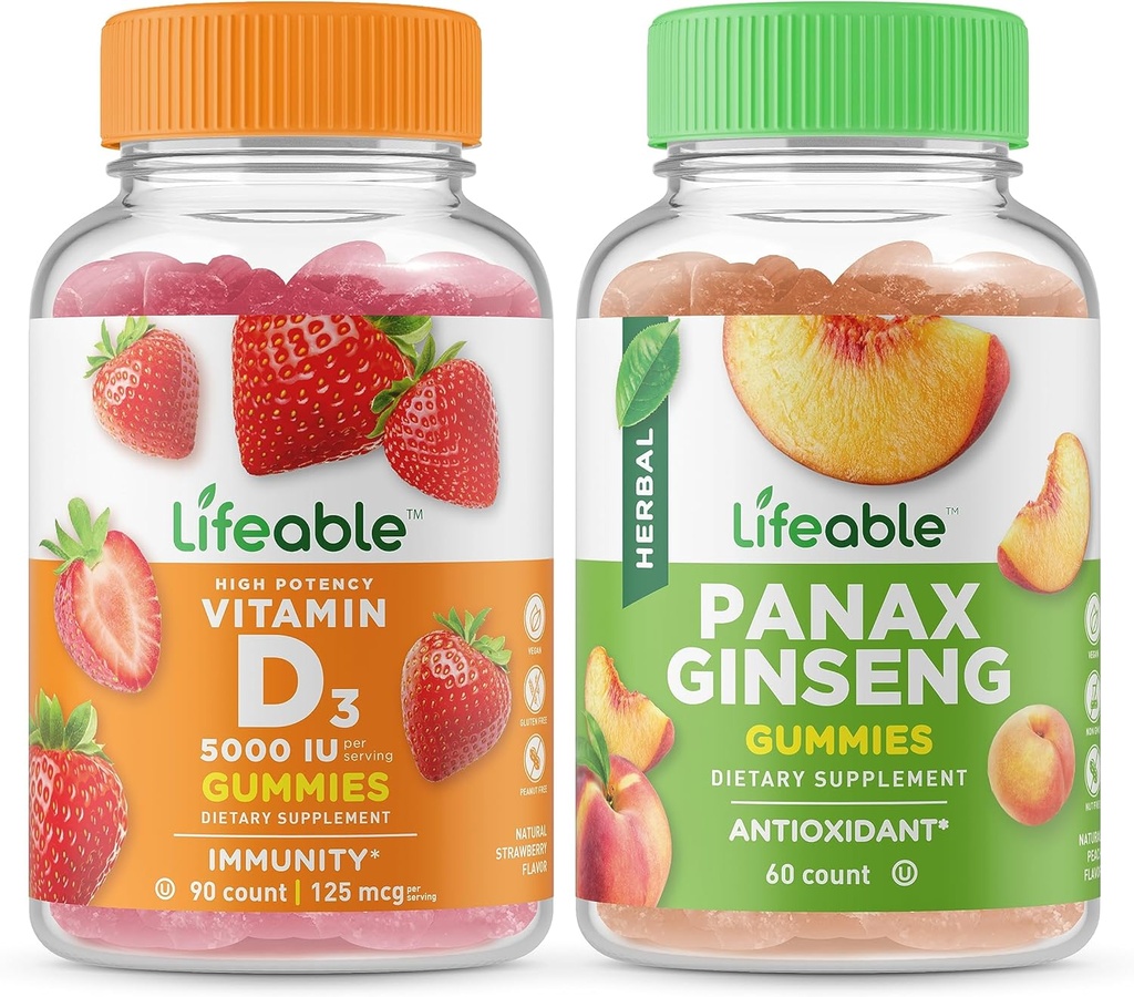 活生生的维生素D 5000 IU + Panax Ginseng, Gummys Bundle - 大品尝,维生素补充,Gluten Free, GMO Free, Chewable Gummy (英语:Gummy).