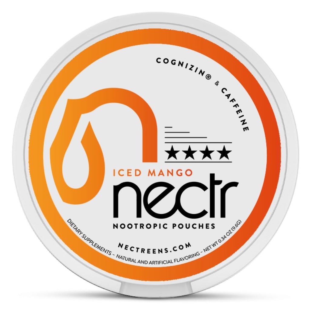 Nectr Energy Nootropic Pouches – Iced Mango Flavored, Cafeine Pouches with Cognizin – Citicoline. (原始内容存档于2018-09-29) (英语). 无糖脑治疗. 平滑、持续聚焦和能源补充 -- 1 Puck of 16pcs