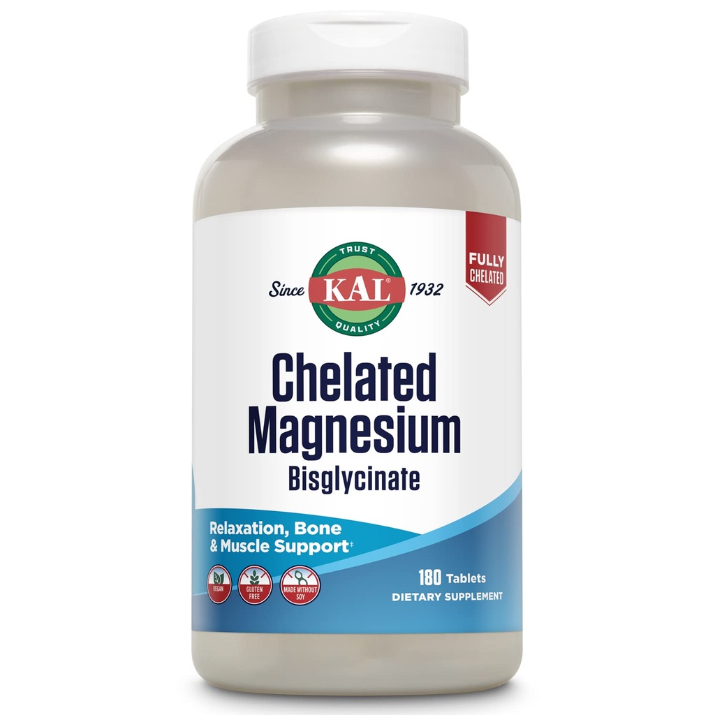 KAL Chelated Magnesium Bisglycinate, 放松的镁补充, Bone 健康, 神经和肌肉功能支持 *, 高吸收, Gentle 文摘, Vegan, Gluten Free, 60 services, 180 片