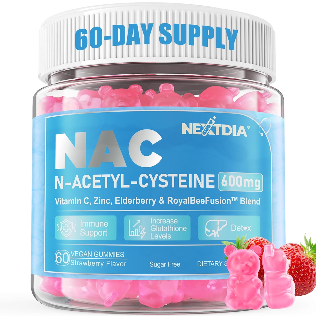 Nextdia NAC Gummys for Kids & Adults, Chewable N-Acetyl Cysteine Supplement 600mg 1000mg w/维生素C,锌,抗氧化剂和免疫支持的长老莓,肺和肝脏健康,无糖,120Ct