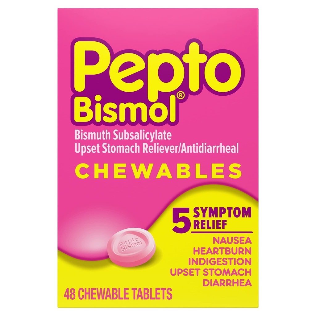 Pepto Bismol Chewable 片名: Nausea, Heartburn, 消化不良, Upset Stomach, 和腹泻 - 5 Symptom Fast Relief, 原文 Flavor, 48 cm