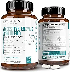 高纤维消化酶补充剂 - 180 Capsules, 专有 2500HUT Makzyme - Pro Blend Probiotics Plus Papaya, Bromelain, 多种自然提取用于健康消化和减压