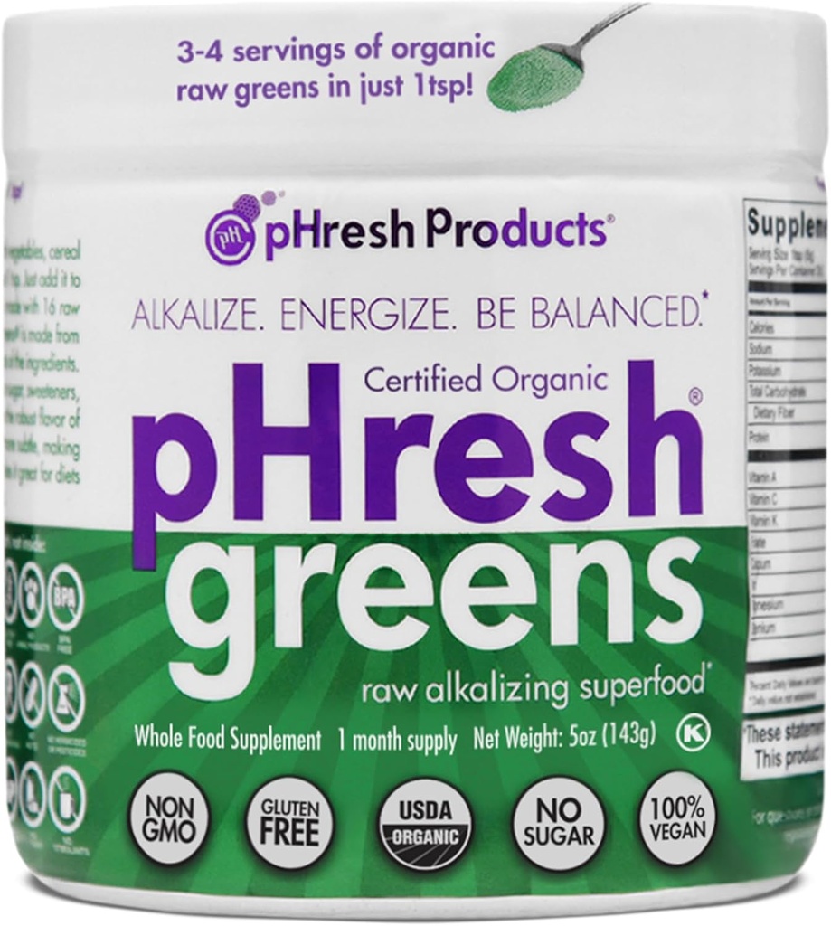 pHresh Greens Raw Alkalizing 超级食品 Greens Powder - 1个月供应 + Gluten-free + 天然酶 → Raw Nutrients → 批准进行间歇快餐和 Keto 饮食 → 5 Ounces