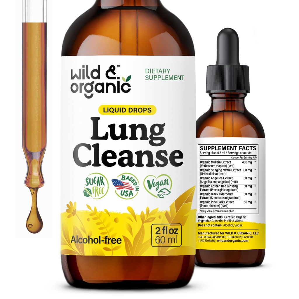 野生和有机的肺脏清洁小丁 - 肺脏的Mullein叶片提取 - 草药除毒补充剂 - Vegan, 糖和无酒精的Mullein Drops - 2 fl oz