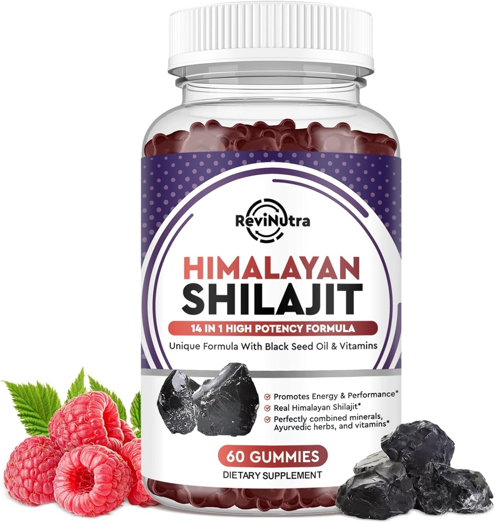 Shilajit Gummys - 喜马拉雅有机物Shilajit Supplement 14-in-1 配黑种子油和Ayurvedic Herb Blend,Fulvic 酸对男女-能源、认知和豁免支持