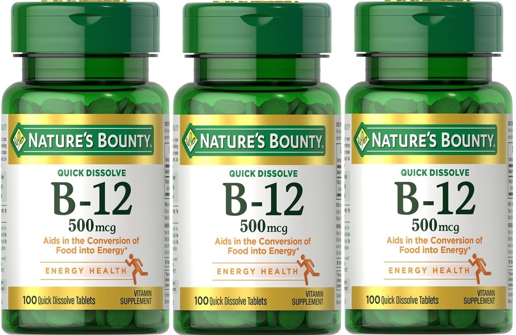 自然丰盛B-12 快速溶解碑500Mcg,300板(3 X 100 Cont Bottles)