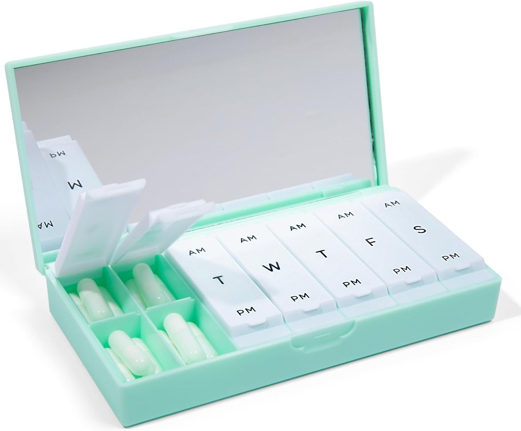 PORT X POLISH 设计师 每周药盒组织者(AM/PM 2X Daily, Mint) QQ Contract,时尚七日维生素补充案例 QQ可爱便携式小旅行药品 载体 QQ BPA免费药盒 Caddy