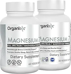 支持睡眠、肌肉和心脏健康的Organix 镁甘化物补充剂,7型镁复合物,配有维生素B6、Manganese Citrate、Gluten Free、Vegan、NN GMO、High Abccession、90 Capsules