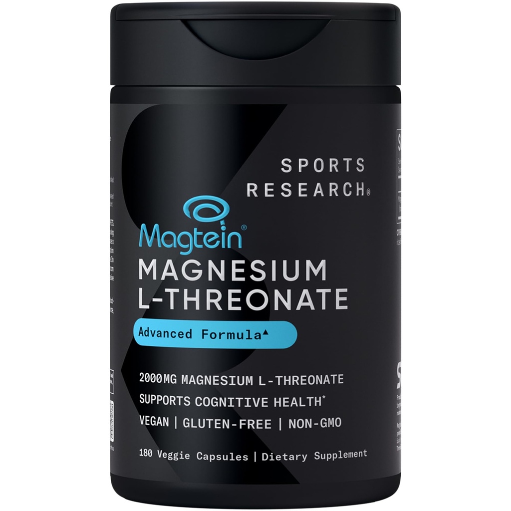运动研究 Magtein Magnesium L-Threonate Capsules - Magnesium 附加记忆,焦点和认知 - Magnesium L Threonate 支持脑健康,睡眠和Mood-2000mg,180 成人卡普尔