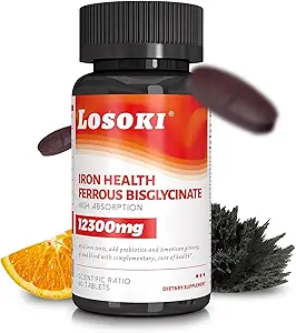 Losoki 铁比斯利化20毫克,配有维生素C,B12 美国Ginseng & Probiotics,胃上的Gentle,支持能量和铁的缺乏 - 非转基因生物,60片